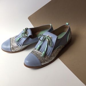 Croon mint and purple oxford tassel loafers